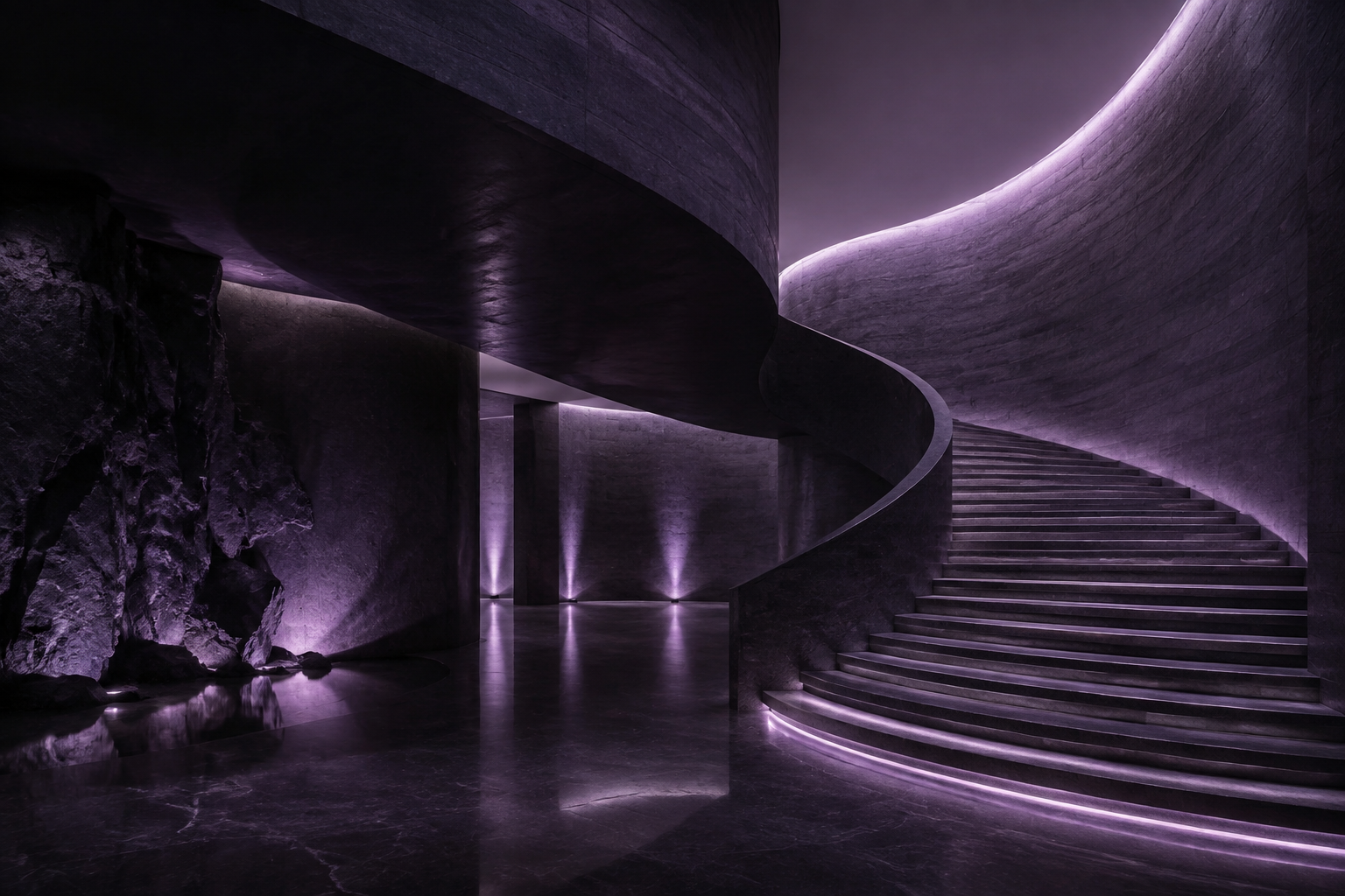 Concept architectural render of a sculptural interior with curved stairs and violet lighting