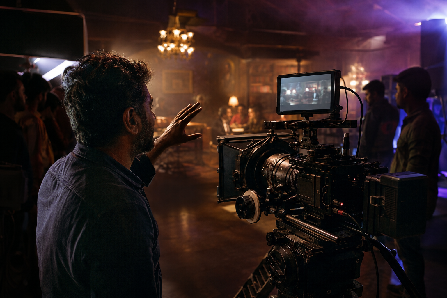 Cinematic concept scene of an Indian director guiding a professional ad-film shoot beside a cinema camera and crew