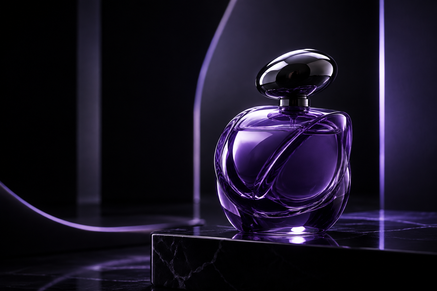 Concept rendering of a sculptural violet glass product bottle on a dark reflective platform