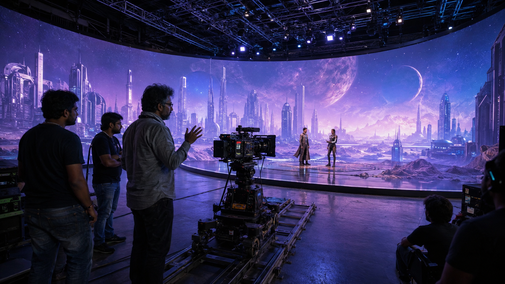 A virtual production stage with a cinema camera, crew and an immersive LED film set