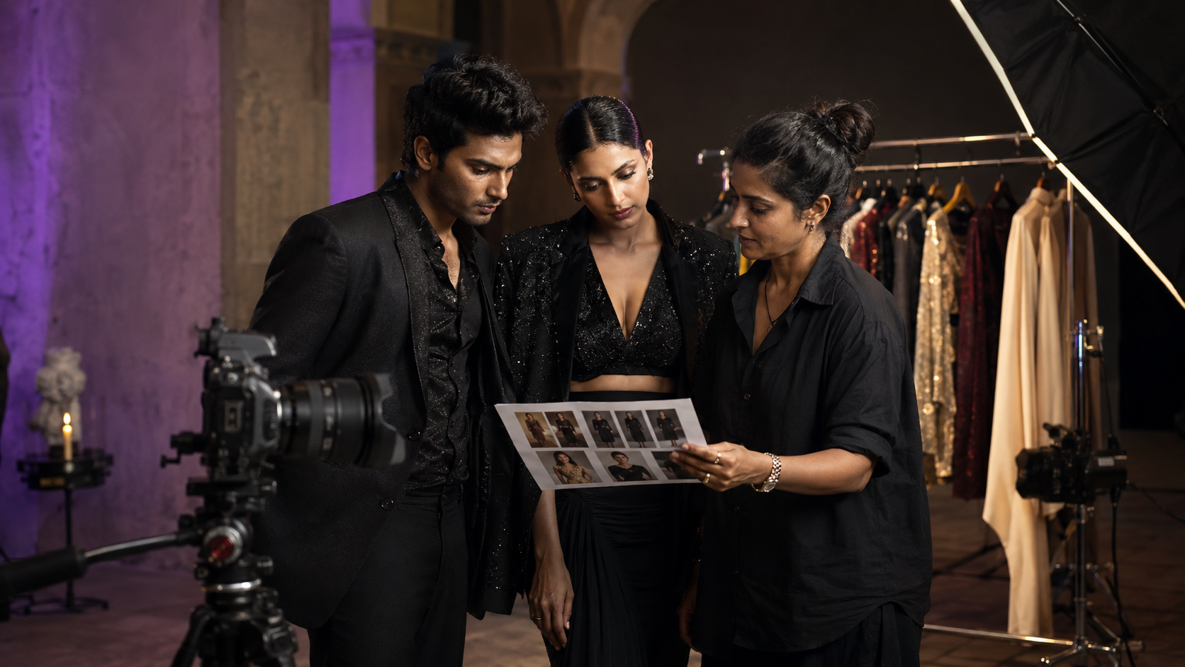 Models and a casting coordinator working together on a professional production set