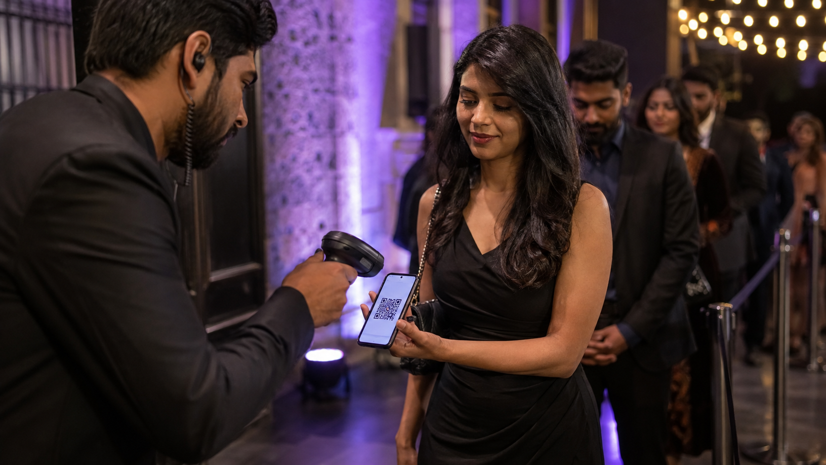 Event staff scanning an attendee ticket at a professional event entrance